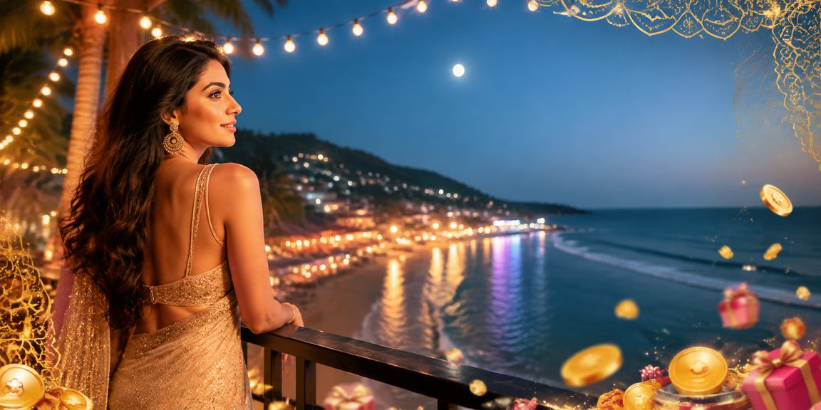 Beautiful beachside view with Indian player making online deposits